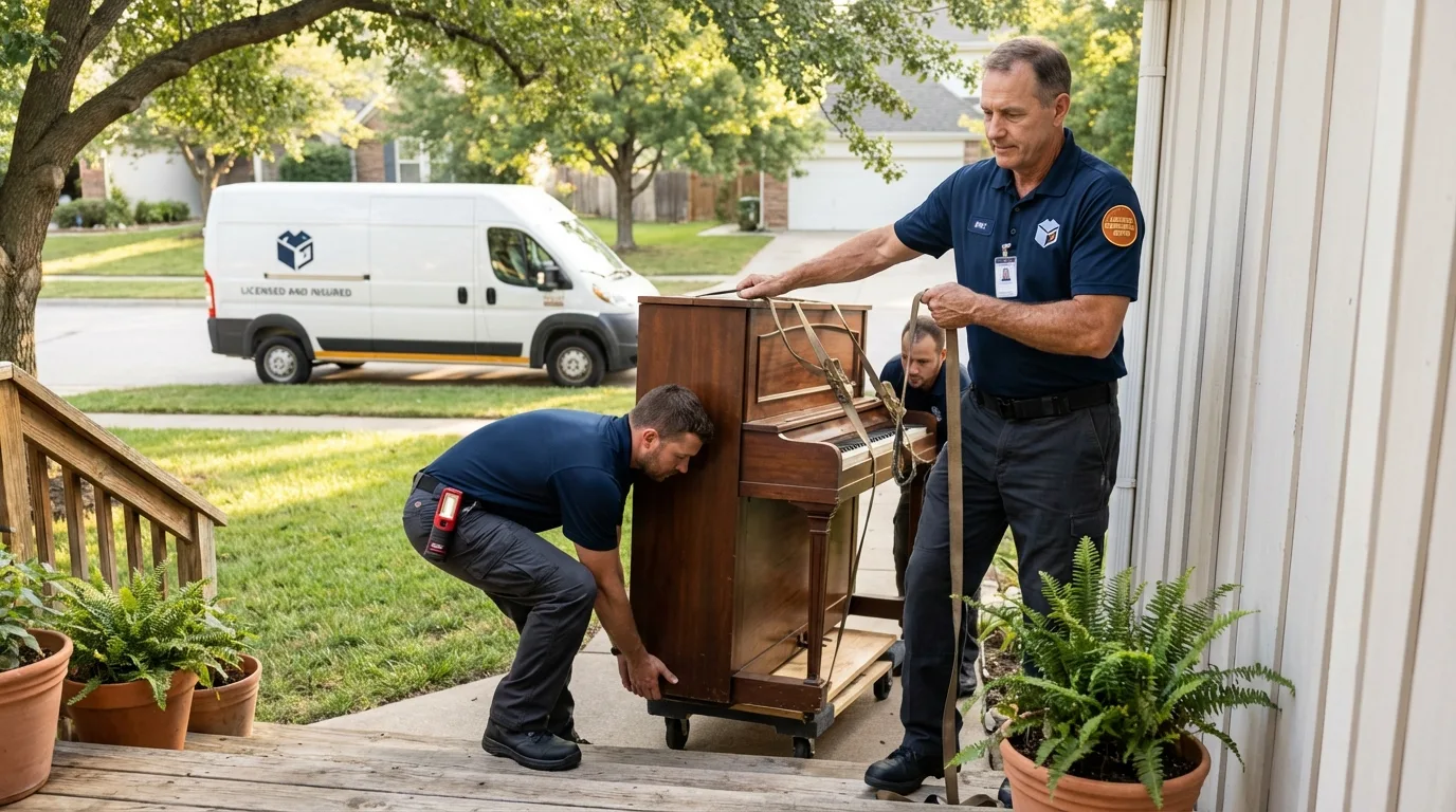 Licensed piano movers securing grand piano in Cold Spring, MN