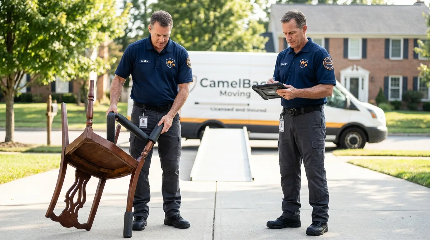 Movers inspecting furniture for damage prevention before loading in Cold Spring, MN